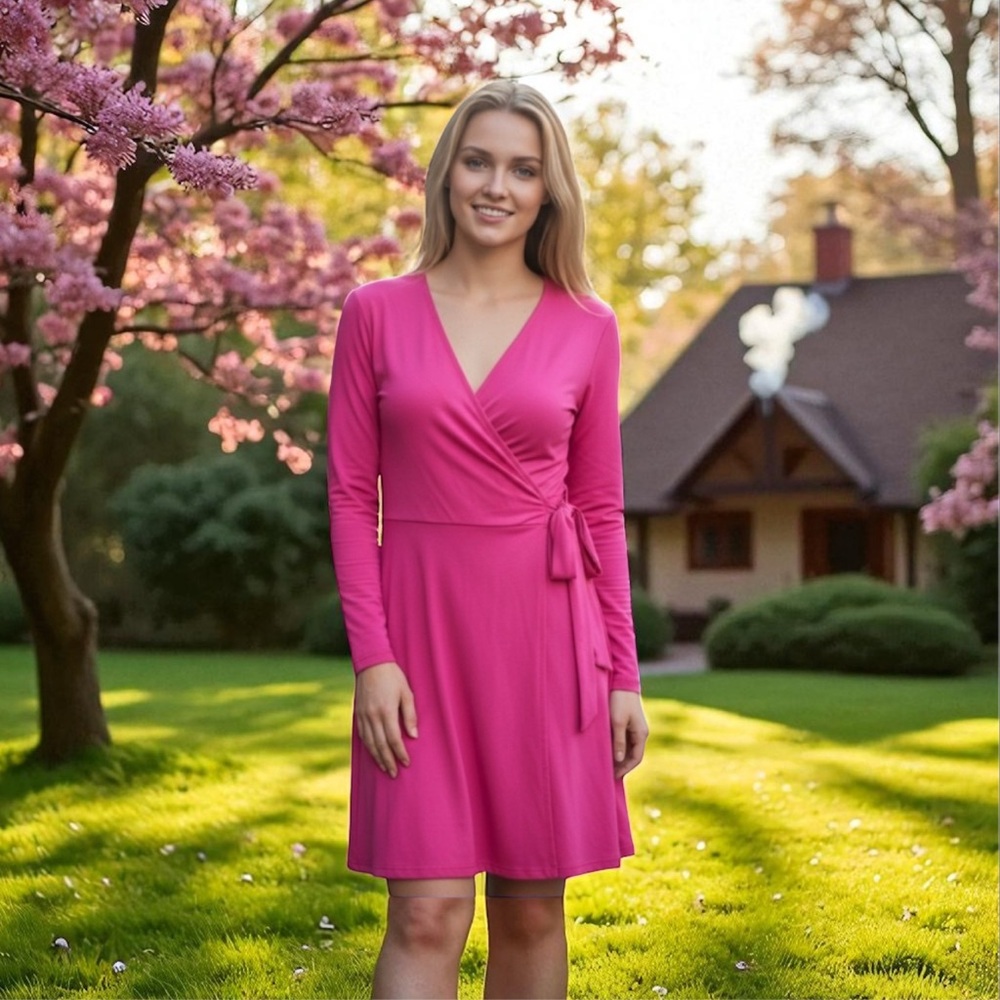 Vicky Tiel Dress Pink wrap style side tie stretch Vneck Knee Length NWT Medium